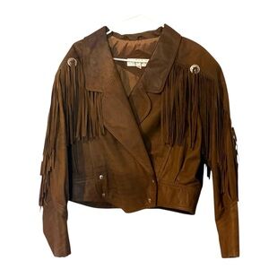 Vintage Brown Fringe Leather Jacket Size Large Boho Country Style
